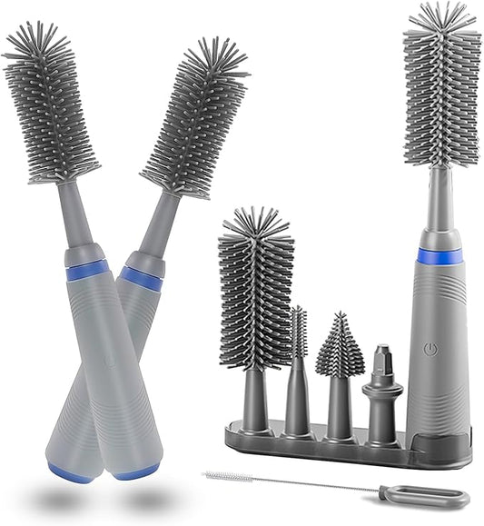 Electric Bottle Brush with Stand and Extendable Handle, Silicone Bottle Brush Set, Easy-Grip Silicone Handle, Waterproof/Rechargeable, Grey