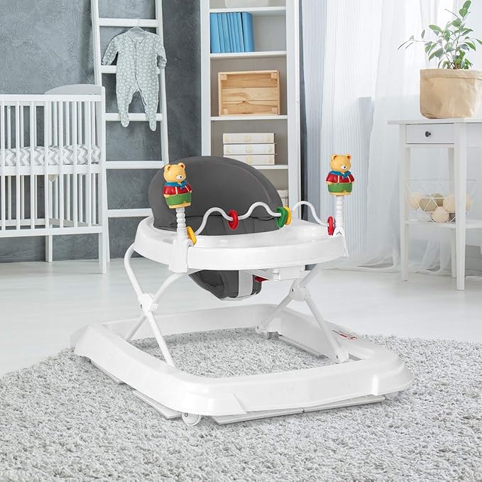 HONEY JOY Baby Walker, Foldable Seated Walker with Wheels, Removable Toy Bar, 3 Adjustable Heights, High Back Padded Seat, Baby Walkers for Boys Girls Ages 6 Months+(Gray)