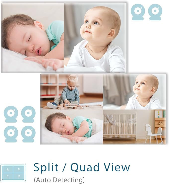 Low EMF 5" HD Auto Noise Reduce Baby Monitor with 2 Cameras.No WiFi Long Range, Split Screen, 2-Way Talk, Lullaby, Auto Night Vision Moonybaby Split50