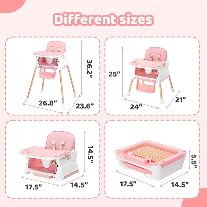 JOYMOR 5 in 1 Baby High Chair for Babies and Toddlers, Portable Highchair Fold Compact, ConvertibleBaby Feeding Chair Booster for Eating with Detachable Double Tray, 5 Point Harness (Pink)