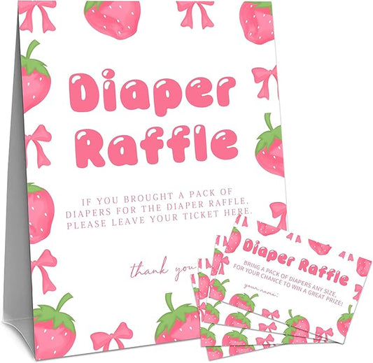 Pink Strawberry Diaper Raffle Set For Baby Shower - 50 Raffle Tickets With 1 Standing Sign - Baby Announcement, Gender Reveal Baby Shower Party Decoration Game Set - A09