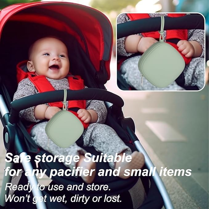 2 Pack Silicone Pacifier Holder Case, Portable Pacifier Case For Diaper Bag, BPA Free Newborn Baby Pacifiers Silicone Pouch For Boys & Girls (Sage+Ether)