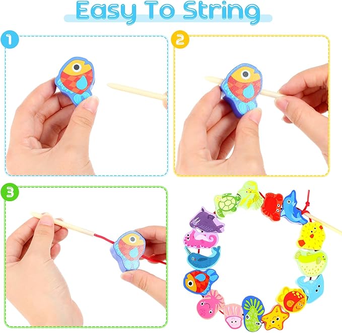 Shappy 93 Pcs Montessori Wooden Educational Threading Toys Farm Animals Fruits Wooden Lacing Beads Toys Preschool Stringing Beads for Toddler 3 4 5 Year Old Kids Boys Girls Gifts