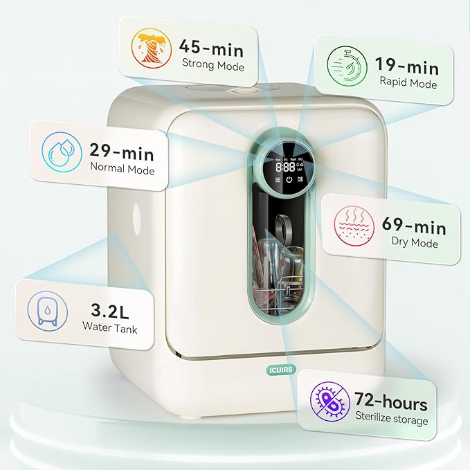 ICUIRE Baby Bottle Washer and Sterilizer and Dryer, Newborn Essential for Parents One-Hand Operation, 4 Sterilize Modes for Baby Stuff, 3.2L Water Tank for Cleaning Bottles, Pump Part &Pacifiers&Bowl