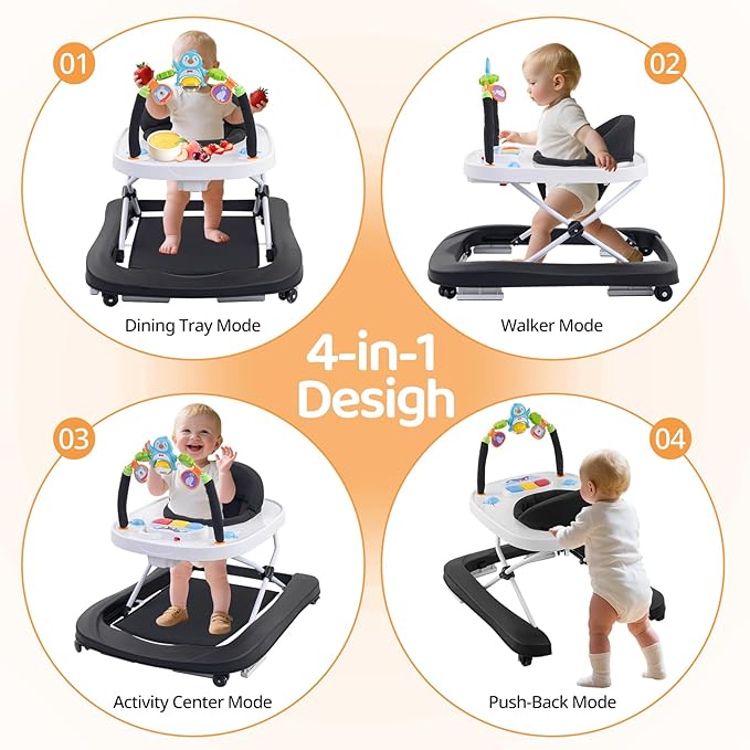 Foldable Baby Walker with Wheels, 3 Height Settings, 4-in-1 Activity Center for 6-18 Months with Tray, Music & Removable Footrest