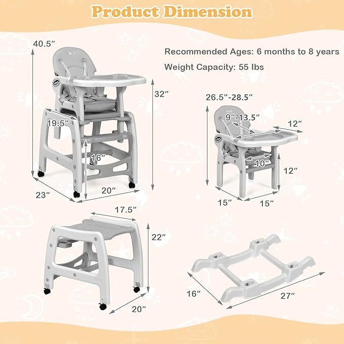 INFANS 5 in 1 Baby High Chair, Convertible Toddler Table Chair Set, Multi-Function Rocking Seat with Lockable Universal Wheels, Adjustable Seat Back, Removable Trays