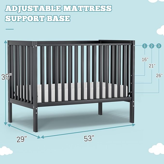 Baby Crib 5-in-1 Convertible, Wood Full Size Toddler Bed for Small Baby, Made of Sustainable Natural Pinewood Cribs, Non-Toxic Finish, Simplistic Nursery Furniture (Black)