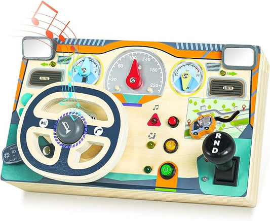 Busy Board Montessori Toys for 1 2 3 Year Old, Wooden Toddler Sensory Toys Busy Board with LED Lights Sound Switch, Toddlers Activity Travel Toy, Steering Wheel Toys Toddler Toy Gifts for Boys Girls