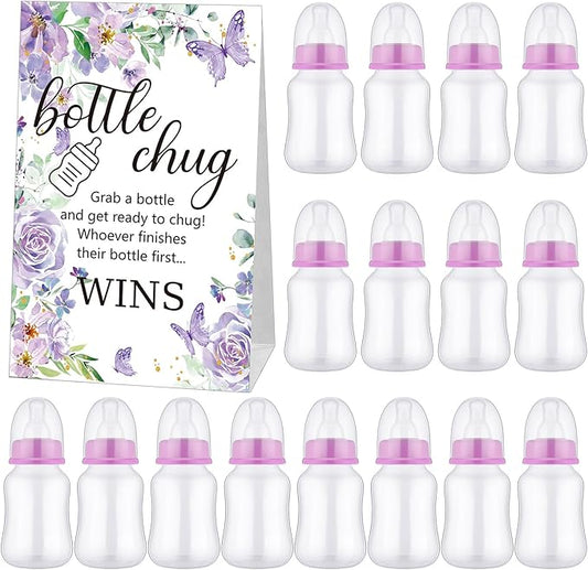 TrelaCo Bottle Chug Baby Shower Game 20 Pcs Baby Bottles Shower Favor with 1 Butterfly Theme Sign for Gender Reveal Party Supplies Gifts(Purple)