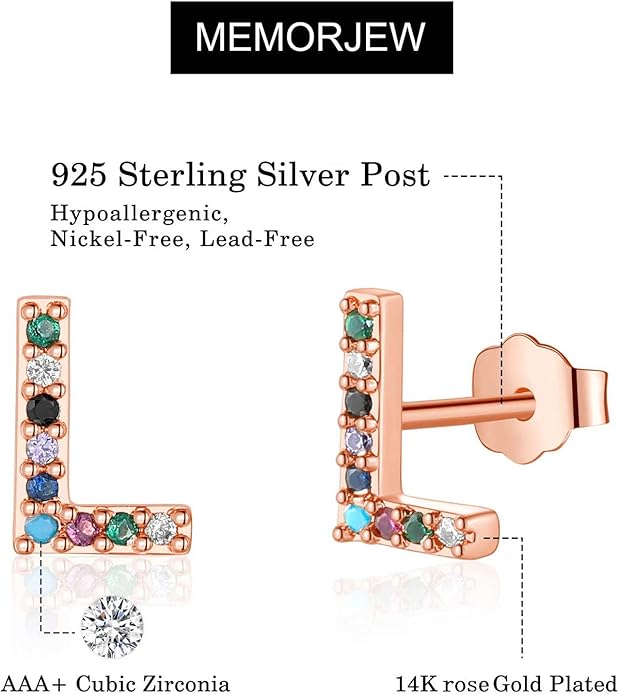 Memorjew Initial Stud Earrings for Women, Hypoallergenic 925 Sterling Silver Post Rainbow Cubic Zirconia Gold Plated 26 Initial Earrings for Women Jewelry Gifts