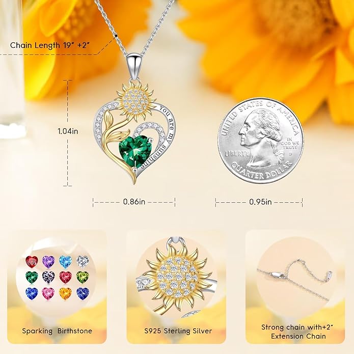 Iefil Sunflower Gifts for Women - Sunflower Necklace Heart Pendant Birthstone Necklace for Women Anniversary Birthday Gifts for Wife You Are My Sunshine 925 Sterling Silver Jewelry for Wife Mom