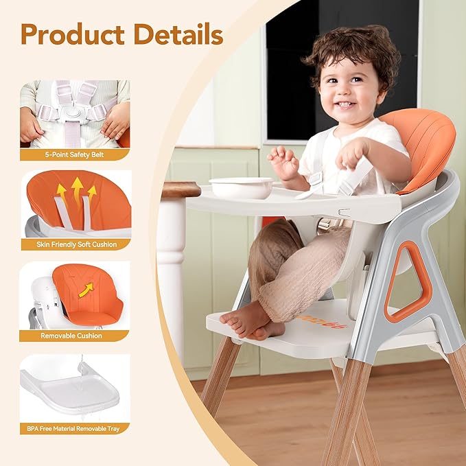 CoziBB Baby High Chair, 6 in 1 Convertible Growing Baby Highchairs for Babies and Toddlers, Baby Chair with Adjustable Dining Tray and Seat, 5-Point Safety Belt,White
