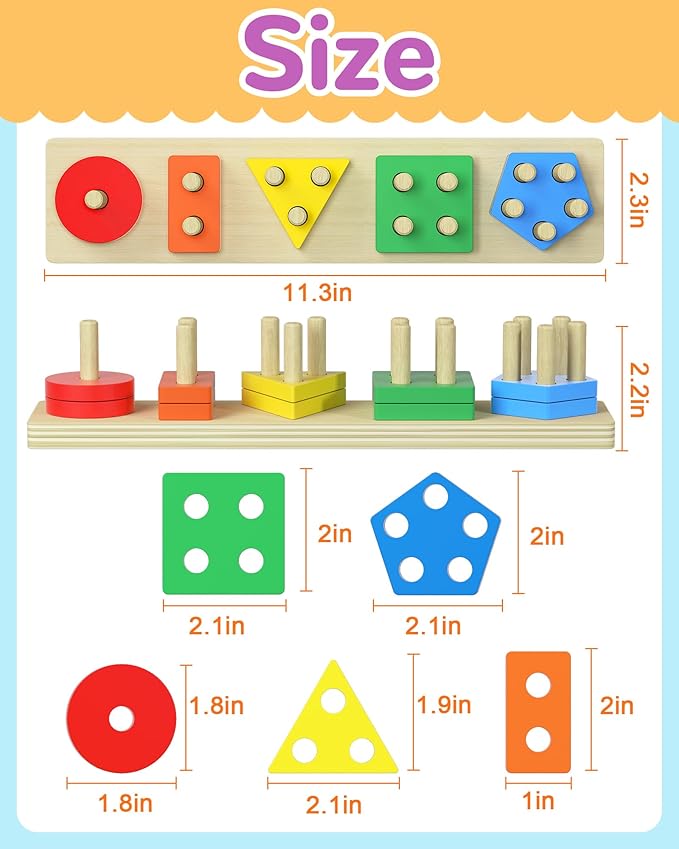 Montessori Toys for 1 2 3 Year Old Boy Girl, Toys for Ages 2-4 Toddlers Kids Baby, 1 2 Year Old Birthday Gifts, Wooden Learning Puzzles Shape Sorter Toy for Toddlers 1-3