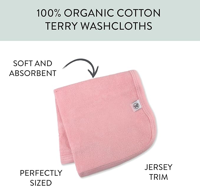 HonestBaby 10-Pack Terry Wash Cloths in Gift Box 100% Organic Cotton for Infant Baby Boys, Girls, 10-Pack Light Pink, One Size