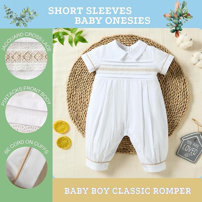 Booulfi Baptism Christening Outfits for Boys Easter White Romper Baby Romper Church Newborn Clothes