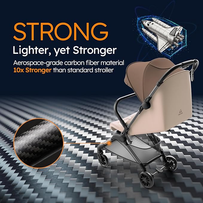 Lightweight Baby Strollers for Airplane, Ultra-Compact Travel Stroller, Light & Strong Portable Toddler Stroller with Carbon Fiber Frame and UPF 50+ Waterproof Canopy, Only 9.9 lbs, Brown