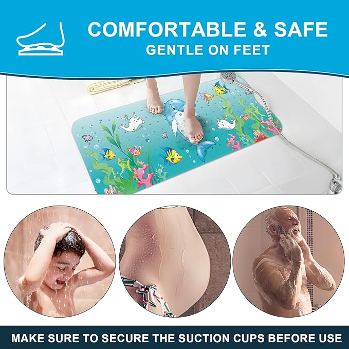 XIYUNTE Baby Bath Mat for Tub Non Slip Kids Bath Mat - 40''x16'' Extra Long Cartoon Dolphin Baby Bath Tub Mat Eco-Friendly Toddler Bath Mats with Suction Cups & Drain Holes Easy to Clean & Easy Drying