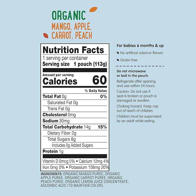 Amazon Brand - Mama Bear Organic Baby Food, Stage 2, Mango, Apple, Carrot, Peach, 4 ounce (Pack of 12)