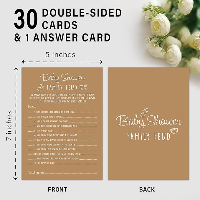 Family Feud Baby Shower Game - Pack of 30 Cards, Answer Key, Gender Neutral Decorations, Feud Game Supplies-01F-Caramel