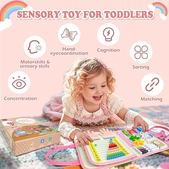 Toddler Busy Board Montessori Toys for 1 2 3 4 Year Old Girl Birthday Gift,Educational Learning Sensory Busy Book for 1-3, Airplane Car Travel Activities Toy for Two Year Old Girl(Pink)
