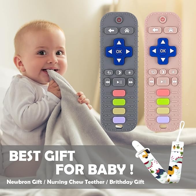 2 Pack Remote Teether for Toddlers, Silicone Teething Toys for 6-12 Months, Remote Control Shape Baby Teethers - Chew Toys Gift (Gray+Pink)