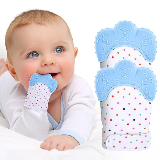 2Pack Silicone Teething Mitt, Soothing Infant Teething Mitten Pain Relief, Prevent Scratches Glove, Safe Silicone Teething Toys for 0-12 Months Blue