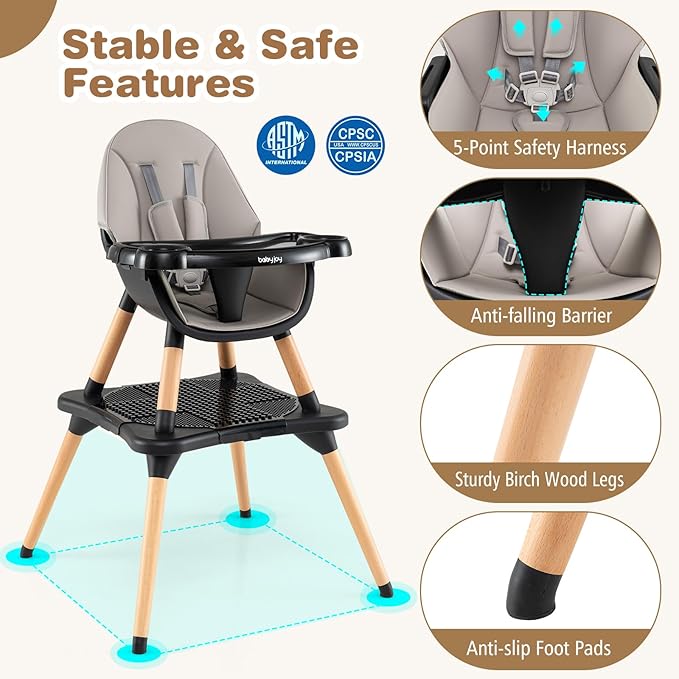 BABY JOY 6 in 1 High Chair, Convertible High Chairs for Babies and Toddlers/Booster Seat/Table and Chair Set, Infant Wooden Highchair w/ 5-Point Harness, 4-Position Removable Tray & PU Cushion (Black)