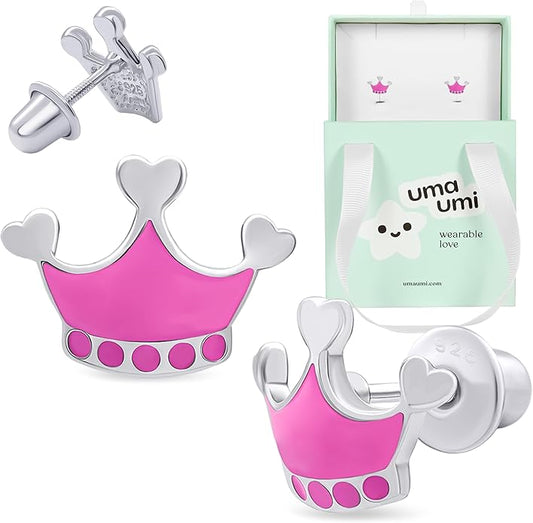 925 Sterling Silver Crown Pink Stud Earrings for Girls Hypoallergenic Safety Screw Back Rhodium Plated - Crown Pink Gifts Earrings for Baby Toddlers Little Teens Kids Jewelry