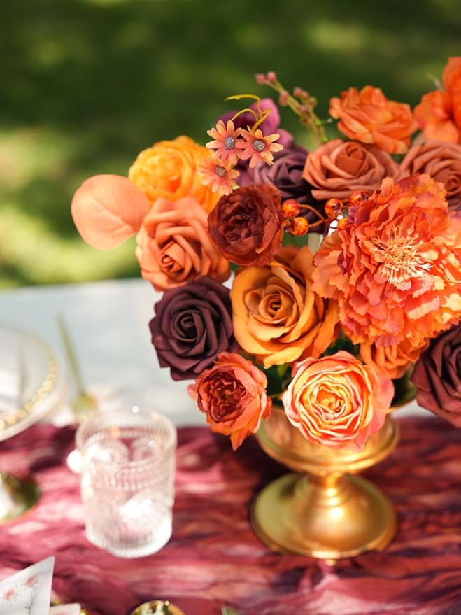 RICHMYC Artificial Flowers Orange Wedding Silk Flowers with Stems, Fall Flowers Artificial for Decoration Fake Cake Flowers for Wedding Bouquets Centerpieces Baby Shower Fall Decor
