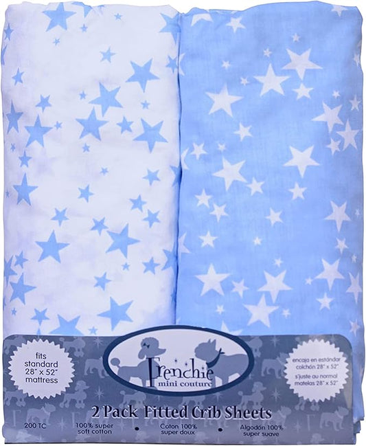 Fitted Crib Sheets 100% Cotton, Fits Toddler Mattress, Blue Stars, 28 x 52in, 2-Pack