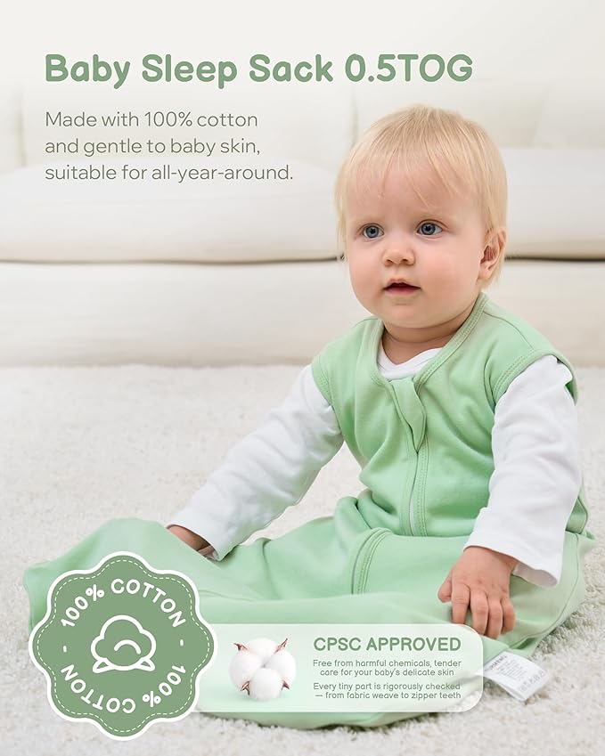 Baby Sleep Sack 0-6 Months, 100% Organic Cotton Wearable Blanket for Babies, 2-Way Zipper TOG 0.5 Lightweight Breathable Baby Sleeping Bag, 4 Sizes-GreenS