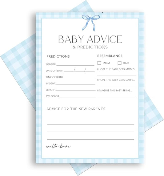 Advice For New Parents Baby Shower, Baby Predictions & Advice Cards For Baby Shower Games Activities, Wishes for Baby, 25 Double-Sided Thick Cards – Blue Bow A01