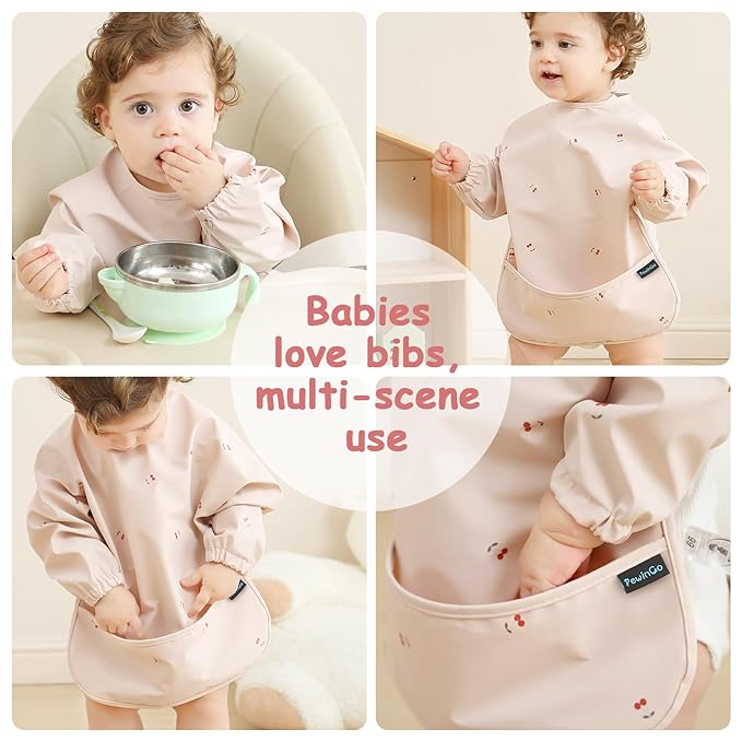 Baby Bibs with Long Sleeve Bib & BLW, Coverall Bibs for Baby Feeding, PU Soft and Skin-Friendly Material, Machine Washable, Waterproof and Easy to Clean, Baby Infant Toddlers (Pink)
