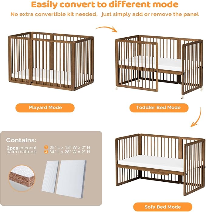 JOYMOR 8 in 1 Convertible Crib with Changer, Include 2” Mattress, Converts to Bassinet, Mid Crib, Full Size Crib, Daybed,Toddler Bed and Playard (Crib, Honey Wood)