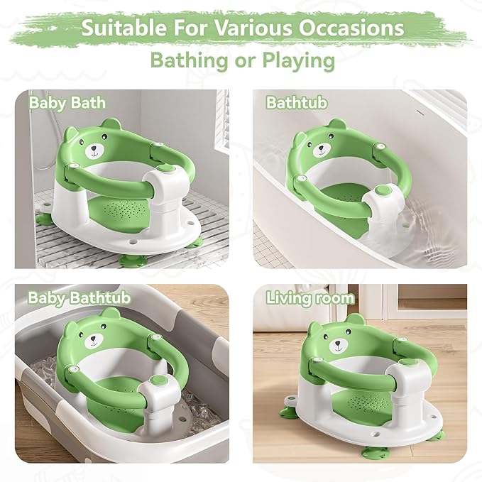 Baby Bath Seat for Babies 6 Months & Up, Toddler Bath Seats for Babies Sitting Up, Non-Slip Infant Bath Tub Chair with Suction Cups & Soft Cushion for Shower, Compact Toddler Bathtub Seat, Green