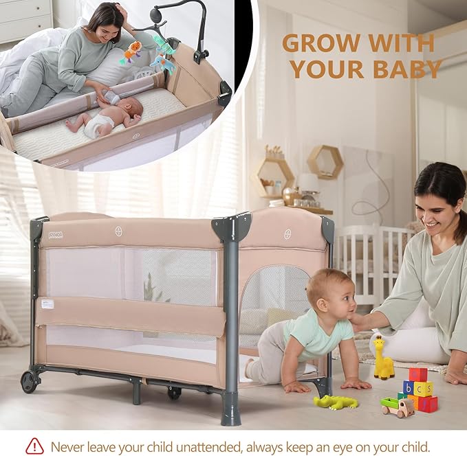 JOYMOR Baby Bedside Bassinet, Baby Bassinet, Pack n Play Convert Playpen, Quick Foldable Travel Bed with Toy, Wheels & Brake, Carry Bag for Boys Girls (Beige)