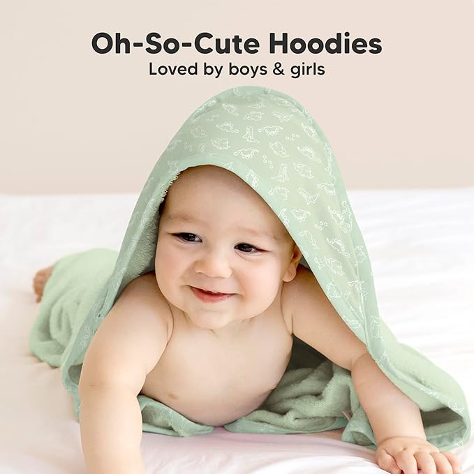 KeaBabies Hooded Baby Towel for Newborn - Viscose Derived from Bamboo Large Baby Bath Towels with Hood for Boys, Girls, Toddler, Extra Absorbent & Soft Newborn Bath Essentials (Dinos)