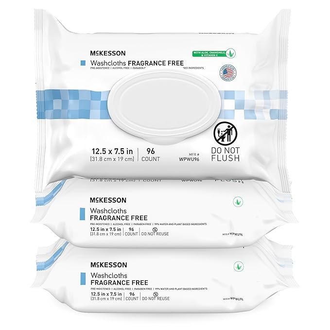 McKesson Washcloth Wipes for Adults, Unscented (3 Pack, 288 Washcloths) Disposable Wash Cloths for Body - Fragrance-Free No-Rinse Formula - Good for Incontinence and Elderly - 96 Wipes Per Pack