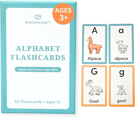 Preschool Alphabet Flashcards | Ages 2-5 | Upper & Lower Case ABCs | Adorable Animals | Prek & Kindergarten Curriculum | Brainstrong Premium 52 Flashcards