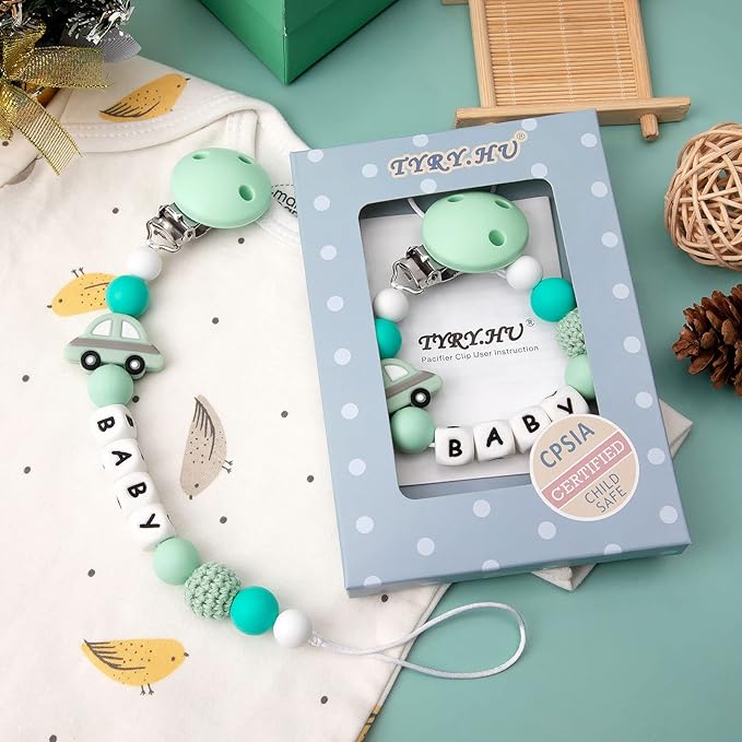 Personalized Pacifier Clip with Name for Baby, Customized Pacifier Clip Fits All Pacifiers, Baby Birthday Christmas Gift for Boys and Girls, Car (Green)