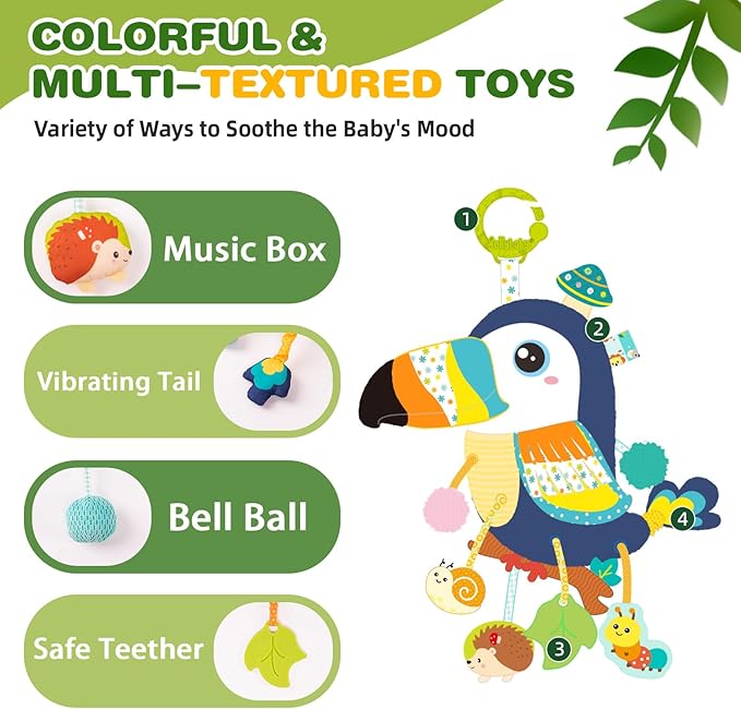 Jollybaby Musical Activity Pull String Hanging Toy for Baby Stroller Car Seat Crib Play Gym, Plush Stuffed Toucan Sensory Toys for Carseat with Music Teether Rattles, Baby Boys and Girls Gift