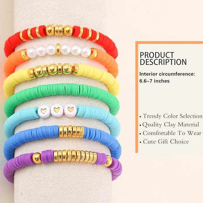 Friendship Bracelets Trendy Heishi Clay Bead Bracelets Stack Gold Beaded Stretch Bracelets for Women Boho Stackable Bracelets Bulk Cute Preppy Jewelry
