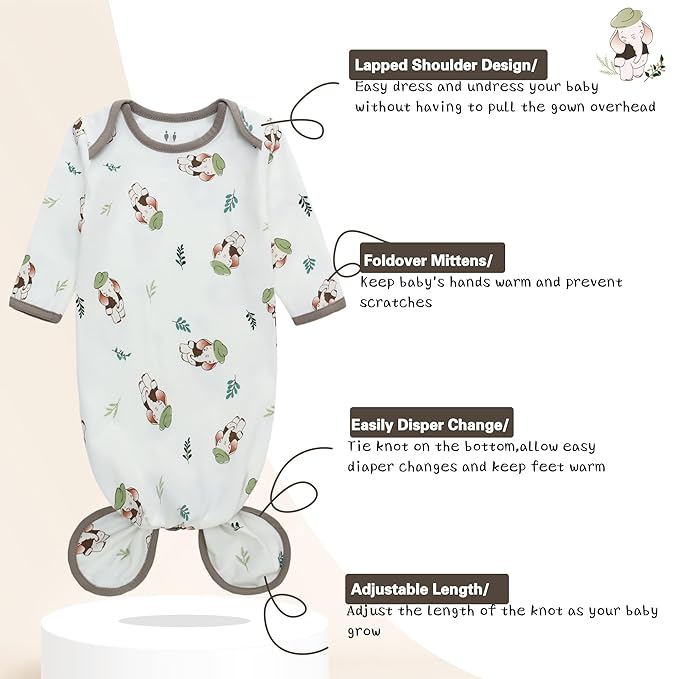 Miracle Baby Newborn Knotted Gown with Hat Set, 3 Pack Newborn Nightgowns, Baby Sleeper Gowns with Mitten Cuffs for Boys Girls 0-6 Months