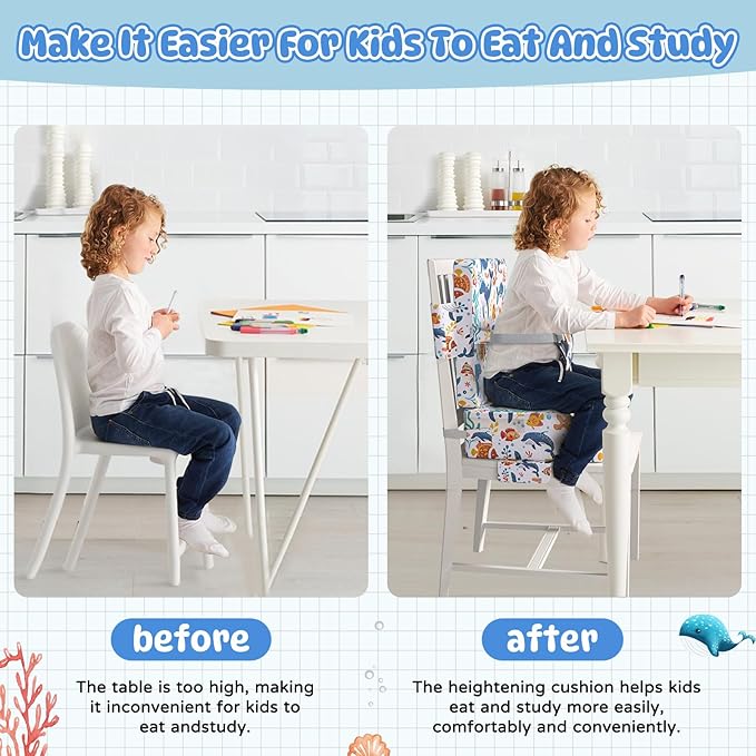Booster Seat for Dining Table, Toddler Booster Seat for Dining Table with Safety Buckles, Anti-Scratch Easy Cleaning Toddler Seat for Table (White-Fish)