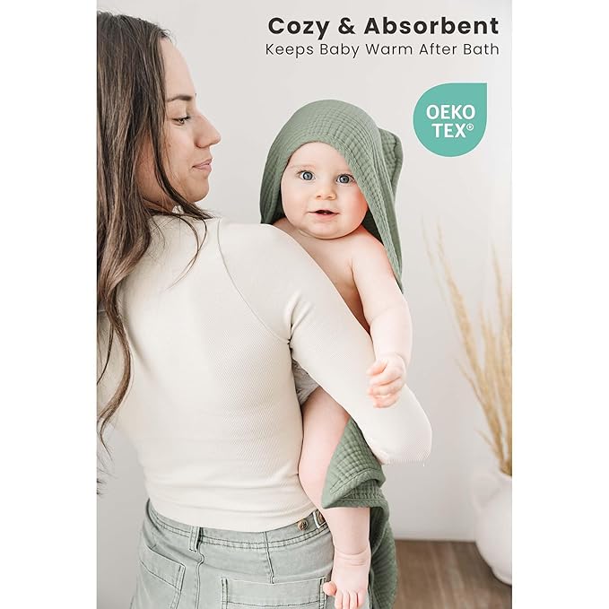 Konssy 2-Pack Muslin Hooded Baby Towels, 100% Cotton, Ultra-Soft & Absorbent Baby Bath Towels with Hood for Newborn & Infant (Fog Green, Sprout, 30'' x 30'')
