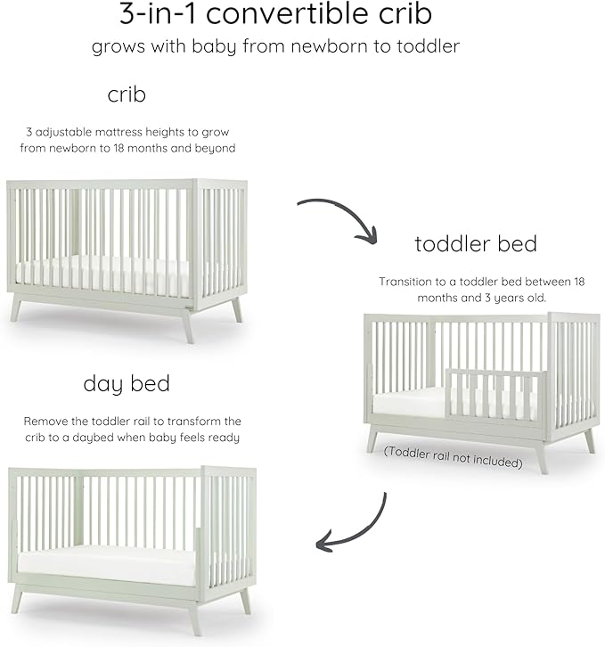 dadada Baby Soho 3 in 1 Convertible Wooden Crib to Toddler Bed - Made in Italy, GREENGUARD Gold Certified, Baby-Safe Finish, Sustainable Beech Wood, Modern Design, 3 Adjustable Heights (Sage)