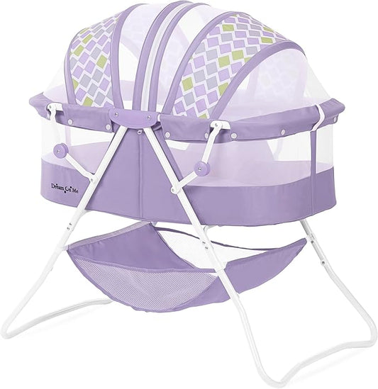 Dream On Me Karley Bassinet in Periwinkle, Lightweight Portable Baby Bassinet, Quick Fold and Easy to Carry , Adjustable Double Canopy, Indoor and Outdoor Bassinet with Large Storage Basket.