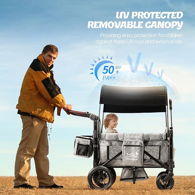 Wagon Stroller for 2 Kids,Premium Wagon for Kids with Removable Canopy, Snack Tray, Convertible Baby Bassinet, 5-Point Safety Harness, All-Terrain PU Wheels & Adjustable Push/Pull Handle,Grey