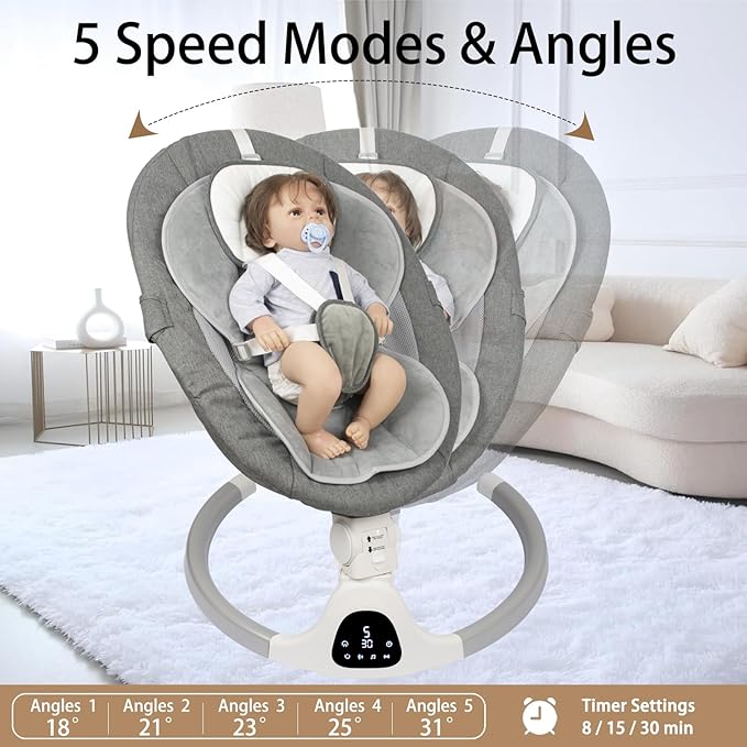 Electric Baby Swing for Infants, with Bluetooth Remote Control Timing Function and 10 Music 5 Swing Speeds 3 Seat Positions Baby Bouncer for Boy Girl Indoor & Outdoor Use (Gray)