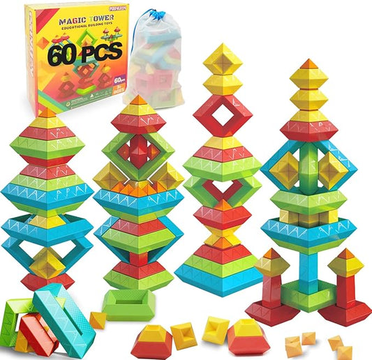 Montessori Toys for 1 2 3 4 Year Old, 60 PCS Stacking Toys Building Blocks for Toddlers 1-3 Sensory Toys for Age 2-4 Preschool Learning Activities Stem Educational Pyramid Gifts for Kids Boys Girls